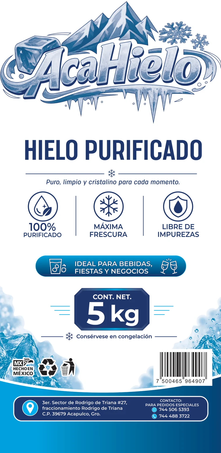 Diseño oficial del empaque AcaHielo de hielo purificado de 5 kilogramos