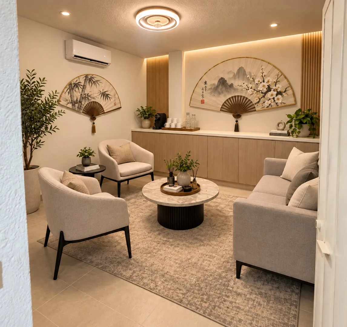 Render conceptual de una sala de espera con estilo oriental